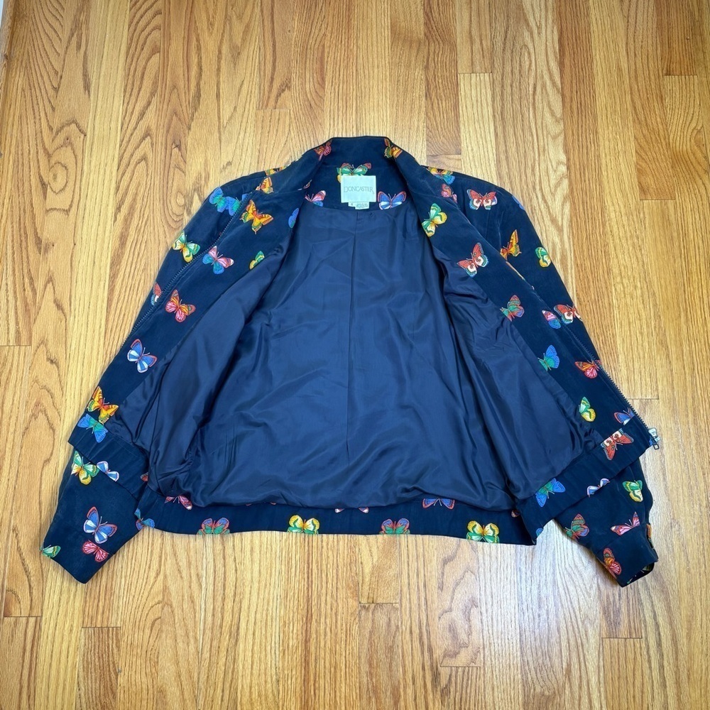 DONCASTER Vintage 90s Y2K Silk Feel Butterfly Novelty Print Navy Zip Jacket M - Picture 6 of 12